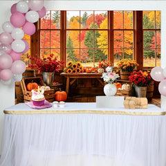 Lofaris Rustic Wooden Window Autumn Backdrop with Pumpkins and Sunflowers, Fall Foliage Background for Thanksgiving Decor