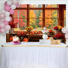 Lofaris Rustic Autumn Photography Backdrop with Fall Leaves, Pumpkins, and Sunflowers, Cozy Cabin Window Background for Seasonal Photoshoot