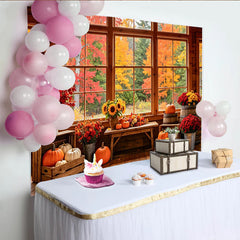 Lofaris Rustic Autumn Photography Backdrop with Fall Leaves, Pumpkins, and Sunflowers, Cozy Cabin Window Background for Seasonal Photoshoot