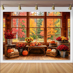 Lofaris Rustic Autumn Photography Backdrop with Fall Leaves, Pumpkins, and Sunflowers, Cozy Cabin Window Background for Seasonal Photoshoot