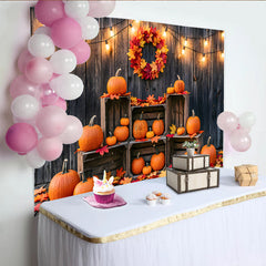 Lofaris Rustic Wooden Wall Autumn Backdrop with Pumpkins, Fall Leaves and String Lights, Harvest Festival Photography Background Decor