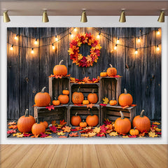Lofaris Rustic Wooden Wall Autumn Backdrop with Pumpkins, Fall Leaves and String Lights, Harvest Festival Photography Background Decor