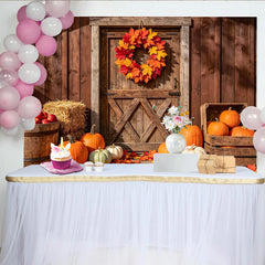 Lofaris Rustic Barn Door Autumn Harvest Holiday Backdrop with Pumpkins, Vibrant Fall Leaves Wreath Background for Thanksgiving Party Decor