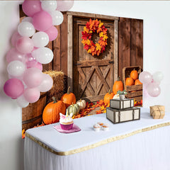 Lofaris Rustic Barn Door Autumn Harvest Holiday Backdrop with Pumpkins, Vibrant Fall Leaves Wreath Background for Thanksgiving Party Decor