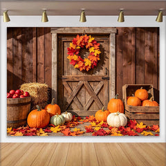 Lofaris Rustic Barn Door Autumn Harvest Holiday Backdrop with Pumpkins, Vibrant Fall Leaves Wreath Background for Thanksgiving Party Decor