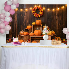 Lofaris Rustic Wood Thanksgiving Backdrop with Pumpkins and Fall Leaves, Warm String Lights Photo for Autumn Harvest Party Decor