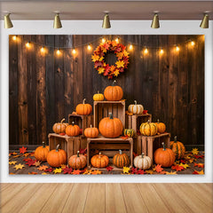 Lofaris Rustic Wood Thanksgiving Backdrop with Pumpkins and Fall Leaves, Warm String Lights Photo for Autumn Harvest Party Decor