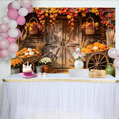 Lofaris Rustic Autumn Harvest Backdrop with Wooden Barn Door, Colorful Maple Leaves and Pumpkins for Fall Photography