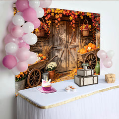 Lofaris Rustic Autumn Harvest Backdrop with Wooden Barn Door, Colorful Maple Leaves and Pumpkins for Fall Photography