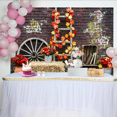 Lofaris Rustic Autumn Photography Backdrop with Fall Leaves and Brick Wall, Vintage Hay Bale and Wagon Wheel Background for Studio Photoshoot