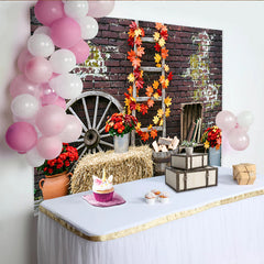 Lofaris Rustic Autumn Photography Backdrop with Fall Leaves and Brick Wall, Vintage Hay Bale and Wagon Wheel Background for Studio Photoshoot
