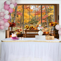 Lofaris Vibrant Autumn Window Photography Backdrop with Pumpkins and Sunflowers, Rustic Fall Forest Background for Studio Photoshoots