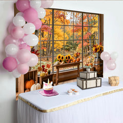 Lofaris Vibrant Autumn Window Photography Backdrop with Pumpkins and Sunflowers, Rustic Fall Forest Background for Studio Photoshoots