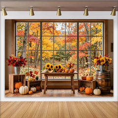 Lofaris Vibrant Autumn Window Photography Backdrop with Pumpkins and Sunflowers, Rustic Fall Forest Background for Studio Photoshoots