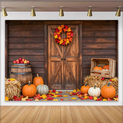 Lofaris Rustic Wooden Barn Door Autumn Harvest Backdrop with Pumpkins, Cozy Farmhouse Fall Photography Background for Thanksgiving Party Decor