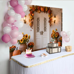 Lofaris Autumn Holiday Backdrop with Pumpkins and Fall Leaves for Front Door Decor, Seasonal Background Banner for Thanksgiving Party