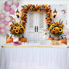 Lofaris Rustic Autumn Backdrop with Pumpkins, Fall Leaves and Sunflowers, White Door Harvest Photography Background for Holiday Decor