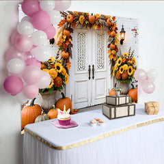 Lofaris Rustic Autumn Backdrop with Pumpkins, Fall Leaves and Sunflowers, White Door Harvest Photography Background for Holiday Decor