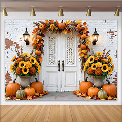 Lofaris Rustic Autumn Backdrop with Pumpkins, Fall Leaves and Sunflowers, White Door Harvest Photography Background for Holiday Decor