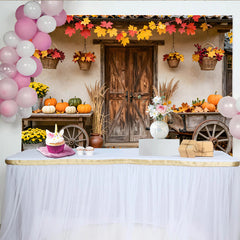 Lofaris Rustic Autumn Backdrop with Pumpkins and Fall Leaves, Charming Harvest Photography Background for Thanksgiving Celebration