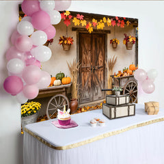Lofaris Rustic Autumn Backdrop with Pumpkins and Fall Leaves, Charming Harvest Photography Background for Thanksgiving Celebration