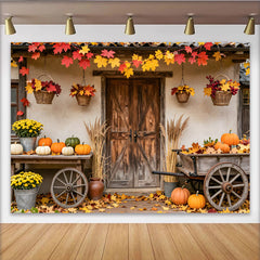 Lofaris Rustic Autumn Backdrop with Pumpkins and Fall Leaves, Charming Harvest Photography Background for Thanksgiving Celebration