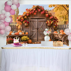 Lofaris Rustic Autumn Harvest Holiday Backdrop, Wooden Shed with Pumpkins and Fall Leaves Photography Background for Seasonal Decor