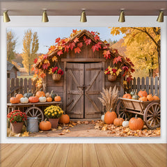 Lofaris Rustic Autumn Harvest Holiday Backdrop, Wooden Shed with Pumpkins and Fall Leaves Photography Background for Seasonal Decor