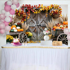 Lofaris Rustic Wooden Door Autumn Photography Backdrop with Fall Leaves and Pumpkins, Harvest Farmhouse Studio for Seasonal Portraits