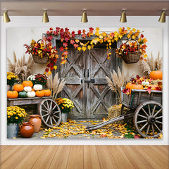 Lofaris Rustic Wooden Door Autumn Photography Backdrop with Fall Leaves and Pumpkins, Harvest Farmhouse Studio for Seasonal Portraits