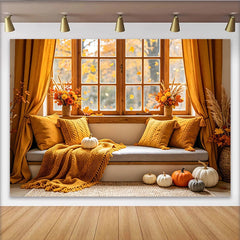 Lofaris Cozy Autumn Window Photography Backdrop with Fall Leaves, Warm Seasonal Background for Studio Portraits and Home Decor