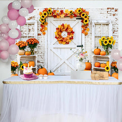 Lofaris Rustic White Barn Door Autumn Harvest Backdrop with Pumpkins and Sunflowers, Fall Photography Background for Thanksgiving Decor