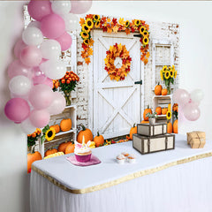 Lofaris Rustic White Barn Door Autumn Harvest Backdrop with Pumpkins and Sunflowers, Fall Photography Background for Thanksgiving Decor