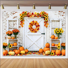 Lofaris Rustic White Barn Door Autumn Harvest Backdrop with Pumpkins and Sunflowers, Fall Photography Background for Thanksgiving Decor