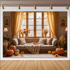 Lofaris Autumn Room Photography Backdrop with Pumpkins and Wheat, Rustic Fall Harvest Interior Background for Studio Photoshoot