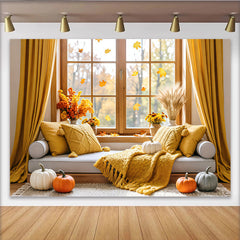 Lofaris Cozy Autumn Window Photography Backdrop with Pumpkins and Fall Leaves, Rustic Seasonal Background for Studio Photoshoot and Home Decor