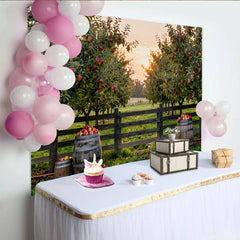 Lofaris Rustic Apple Orchard Photography Backdrop with Red Apples and Wooden Fence, Sunset Farm Scene Background for Studio Photoshoot