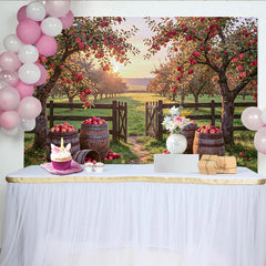 Lofaris Rustic Autumn Apple Orchard Photography Backdrop with Wooden Barrels and Golden Light, Natural Farm Background for Studio Photoshoot