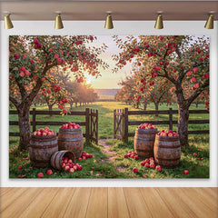Lofaris Rustic Autumn Apple Orchard Photography Backdrop with Wooden Barrels and Golden Light, Natural Farm Background for Studio Photoshoot