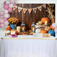 Lofaris Rustic Wood Thanksgiving Backdrop with Pumpkins and Autumn Leaves, Cozy Fall Harvest Photo Background for Family Gatherings