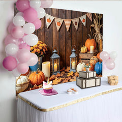 Lofaris Rustic Wood Thanksgiving Backdrop with Pumpkins and Autumn Leaves, Cozy Fall Harvest Photo Background for Family Gatherings