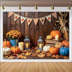 Lofaris Rustic Wood Thanksgiving Backdrop with Pumpkins and Autumn Leaves, Cozy Fall Harvest Photo Background for Family Gatherings