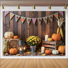 Lofaris Rustic Wooden Wall Thanksgiving Backdrop with Pumpkins and Hay, Autumn Harvest Photo Background for Fall Party Decoration
