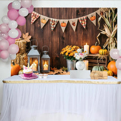 Lofaris Rustic Wooden Thanksgiving Backdrop with Pumpkins and Fall Leaves, Cozy Autumn Harvest Party Background for Family Photoshoot
