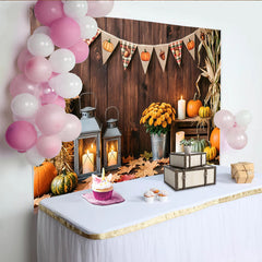 Lofaris Rustic Wooden Thanksgiving Backdrop with Pumpkins and Fall Leaves, Cozy Autumn Harvest Party Background for Family Photoshoot