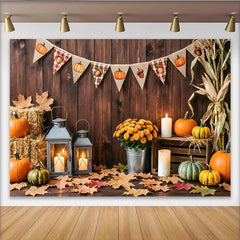 Lofaris Rustic Wooden Thanksgiving Backdrop with Pumpkins and Fall Leaves, Cozy Autumn Harvest Party Background for Family Photoshoot
