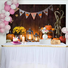 Lofaris Rustic Wood Autumn Harvest Holiday Backdrop with Pumpkins and Lanterns, Cozy Fall Festival Background for Photography and Party Decor