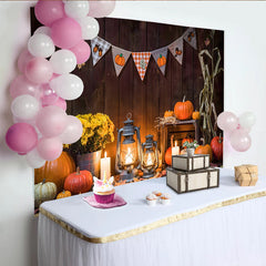 Lofaris Rustic Wood Autumn Harvest Holiday Backdrop with Pumpkins and Lanterns, Cozy Fall Festival Background for Photography and Party Decor