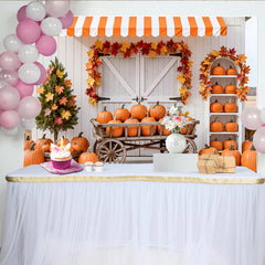 Lofaris Rustic Fall Pumpkin Holiday Backdrop with Autumn Leaves, White Barn Photography Background for Harvest Festival Decor
