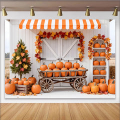 Lofaris Rustic Fall Pumpkin Holiday Backdrop with Autumn Leaves, White Barn Photography Background for Harvest Festival Decor